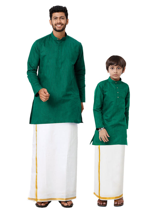 Like Father Like Son Dark Green Kurta and Gold Jari White Dhoti Combo FS5