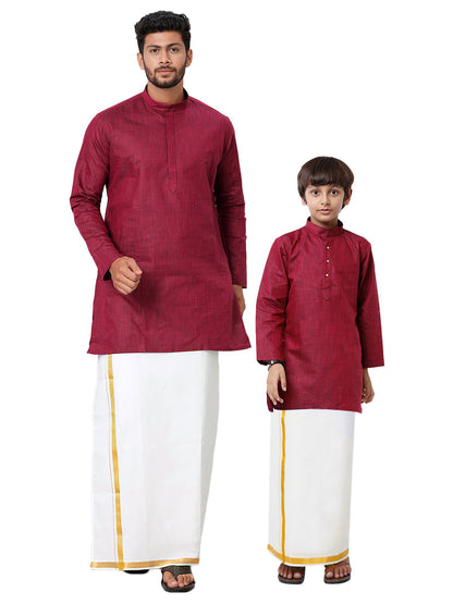 Like Father Like Son Maroon Kurta and Gold Jari White Dhoti Combo FS7