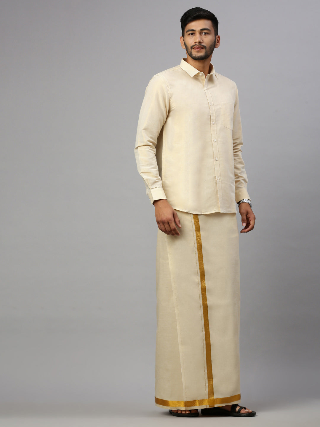 Mens Tissue Gold Dhoti & Shirt Set