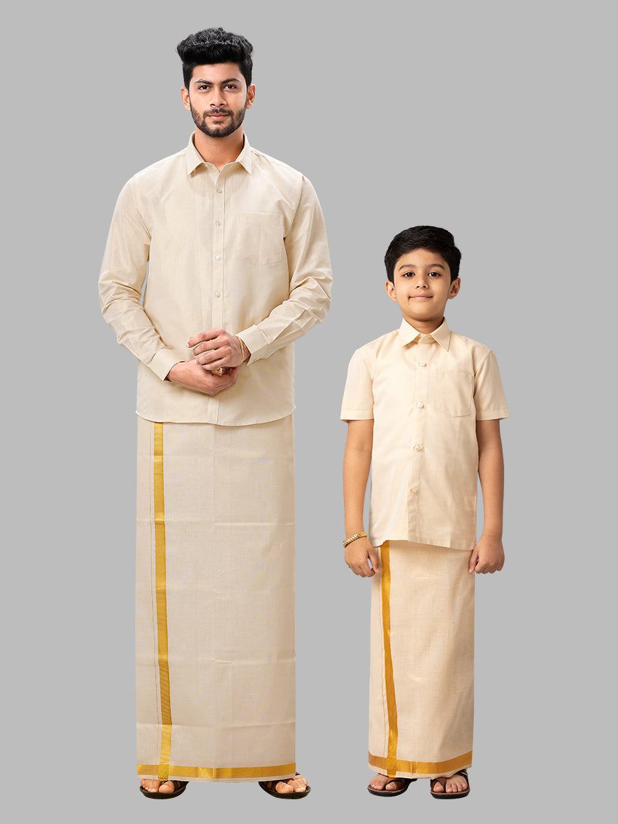 Like Father Like Son Full Sleeves Tissue Jari Shirt Dhoti Combo Sankalpam Gold