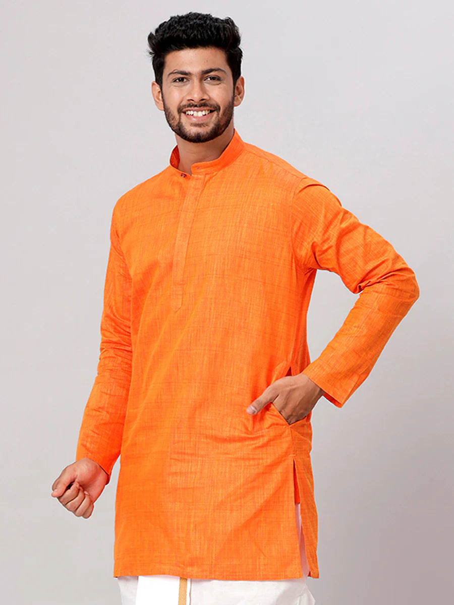 Mens Cotton Full Sleeves Medium Length Pocket Kurta