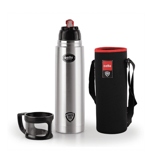 Cello Stainless Steel Flask With Cup & Jacket ( Instyle Vaccum Insulated, 1Litre, Black)