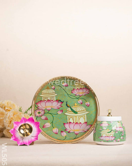 MUGAL ART THEMED METAL TRAY WITH DRY FRUIT JAR AND DIYA SET