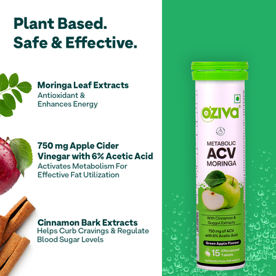 ACV Moringa | Control Cravings |No Maltodextrin & No Added Sugar - Green apple, Pack of 8 (120 Tablets)