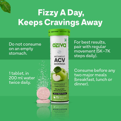 ACV Moringa | Control Cravings |No Maltodextrin & No Added Sugar - Green apple, Pack of 8 (120 Tablets)