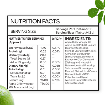 ACV Moringa | Control Cravings |No Maltodextrin & No Added Sugar - Green apple, Pack of 8 (120 Tablets)