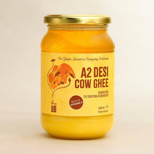 Pure A2 Desi Bilona Cow Ghee(500ml). Made traditionally from curd. Made from grass-fed free grazing desi cows' milk.