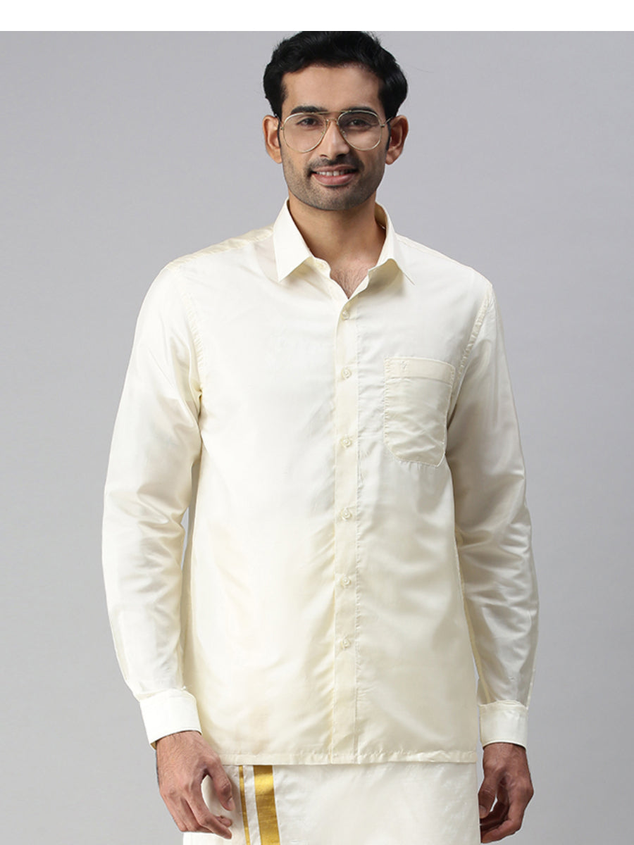 Mens Pure Silk Cream Shirt Full Sleeves with Dhoti Combo Silk Mark