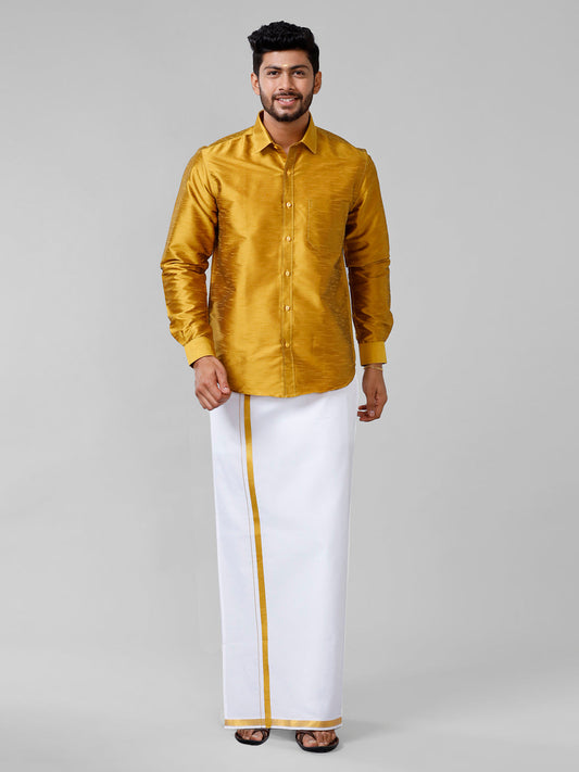 Mens Gold Full Sleeves Shirt with Jari Dhoti Set Glory