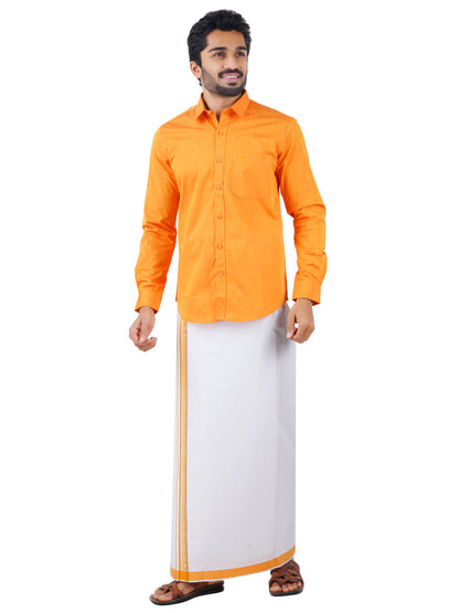 Mens Fancy Border Dhoti & Shirt Set Full Sleeves Orange G107