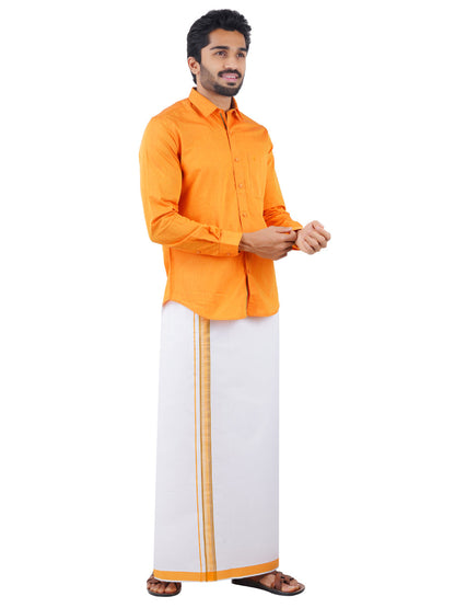 Mens Fancy Border Dhoti & Shirt Set Full Sleeves Orange G107