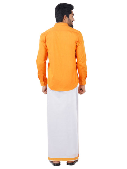 Mens Fancy Border Dhoti & Shirt Set Full Sleeves Orange G107