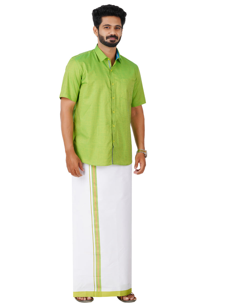 Mens Cotton Matching Border Dhoti & Half Sleeves Shirt Parrot Green Set GL2