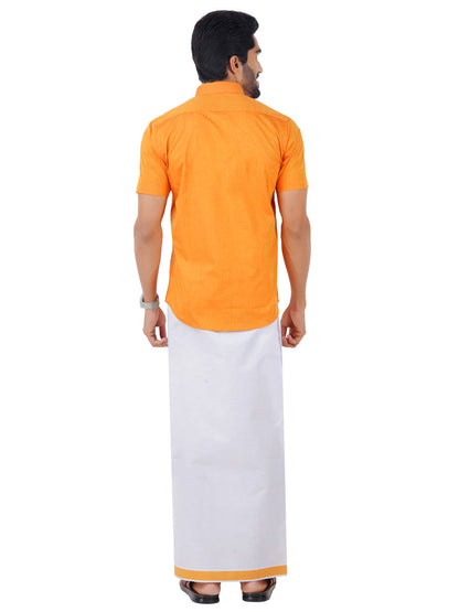 Mens Fancy Border Dhoti & Shirt Set Half Sleeves Orange G107