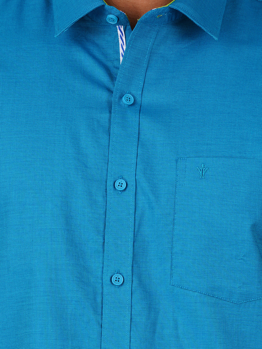 Mens Cotton Matching Border Dhoti & Half Sleeves Shirt Blue Set GL15