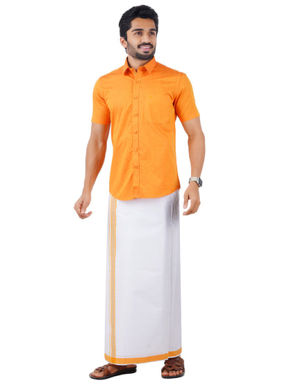 Mens Fancy Border Dhoti & Shirt Set Half Sleeves Orange G107