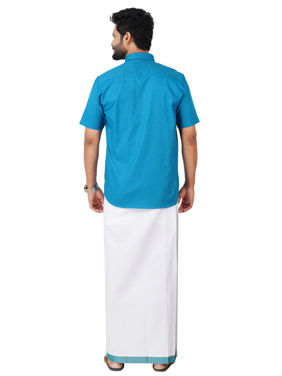 Mens Cotton Matching Border Dhoti & Half Sleeves Shirt Blue Set GL15