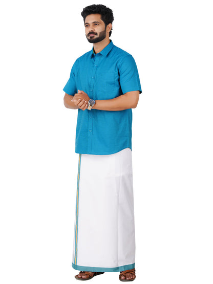 Mens Cotton Matching Border Dhoti & Half Sleeves Shirt Blue Set GL15