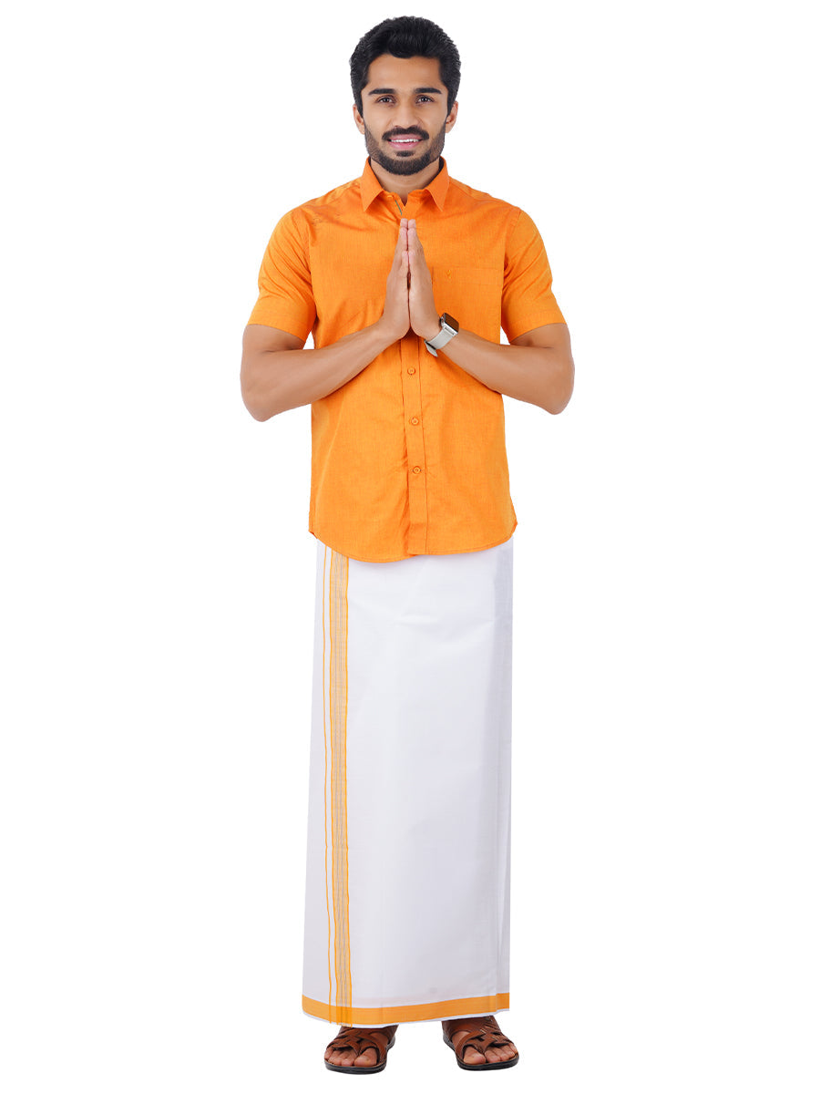 Mens Fancy Border Dhoti & Shirt Set Half Sleeves Orange G107