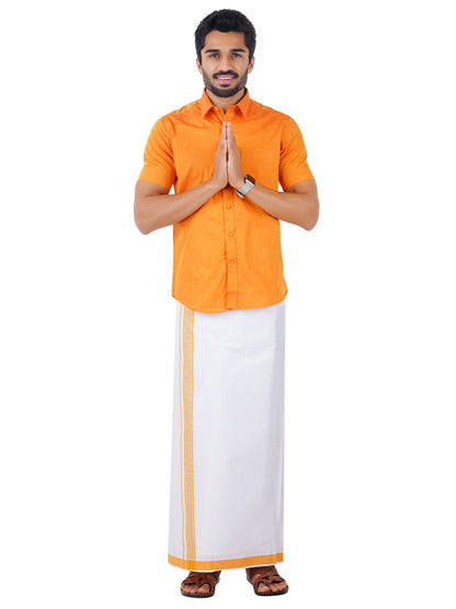 Mens Fancy Border Dhoti & Shirt Set Half Sleeves Orange G107