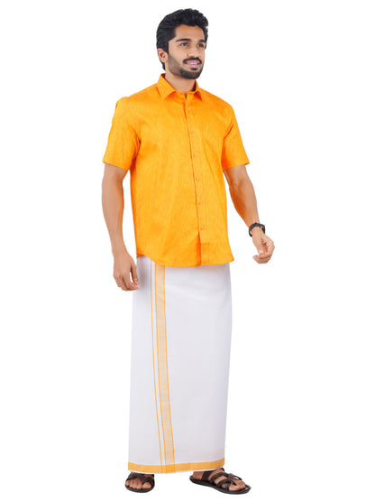 Mens Matching Border Dhoti & Shirt Set Half Yellow C33