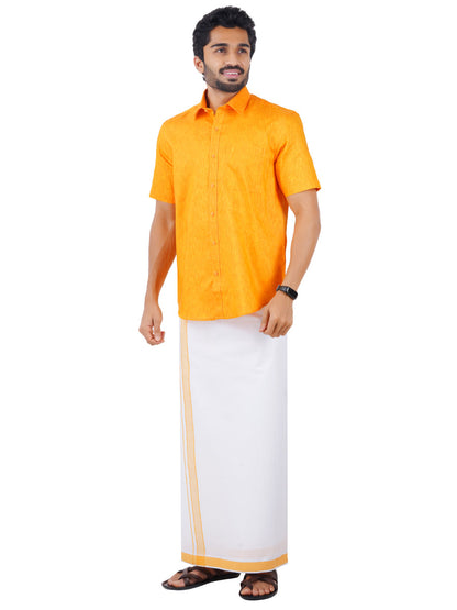 Mens Matching Border Dhoti & Shirt Set Half Yellow C33