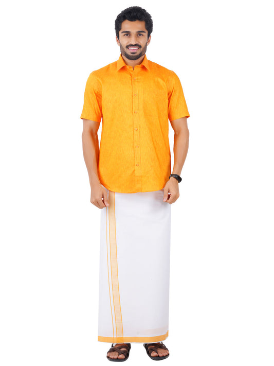 Mens Matching Border Dhoti & Shirt Set Half Yellow C33