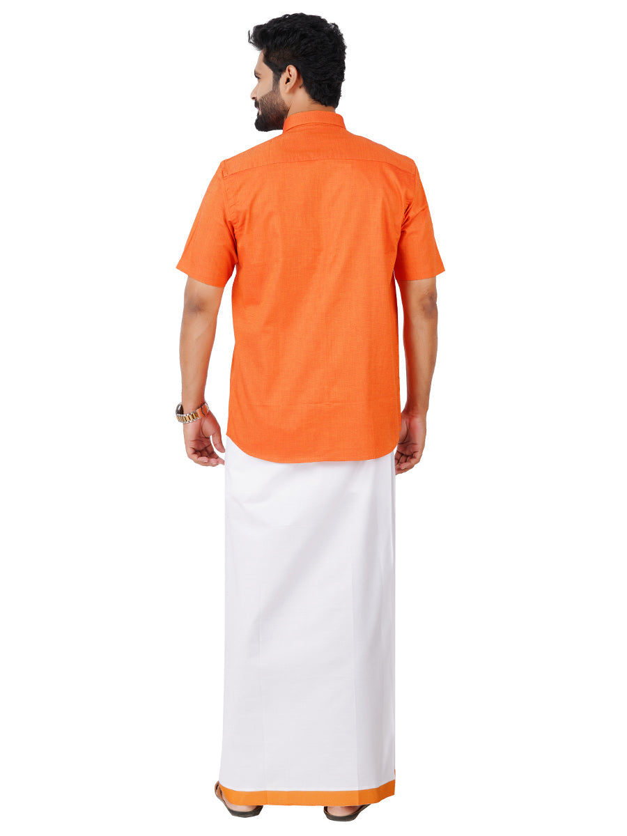 Mens Cotton Matching Border Dhoti & Half Sleeves Shirt Orange Set GL1