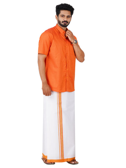 Mens Cotton Matching Border Dhoti & Half Sleeves Shirt Orange Set GL1