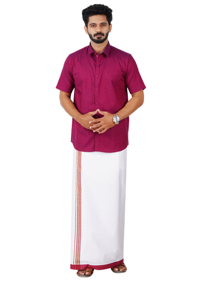 Mens Cotton Matching Border Dhoti & Half Sleeves Shirt Purple Set GL6