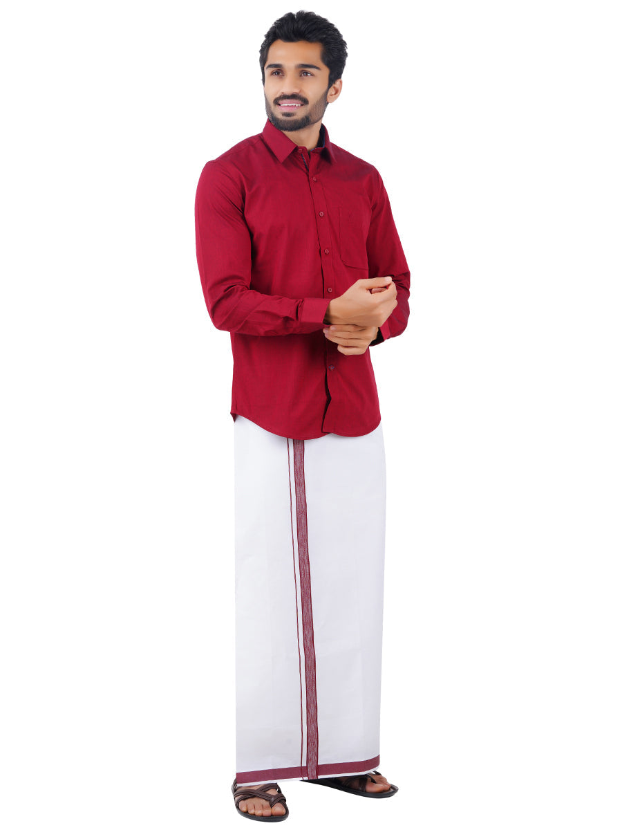 Mens Fancy Border Dhoti & Shirt Set Full Sleeves Maroon G103