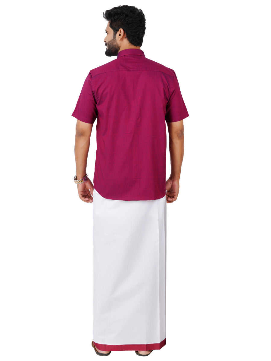 Mens Cotton Matching Border Dhoti & Half Sleeves Shirt Purple Set GL6