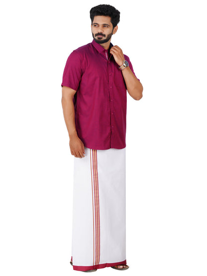 Mens Cotton Matching Border Dhoti & Half Sleeves Shirt Purple Set GL6