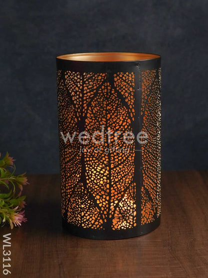 Black Matte Votive in Leaf Design Jhaali Pattern - Big