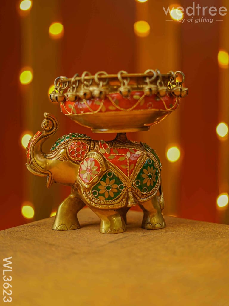 Brass Elephant Urli with Meenakari Finish