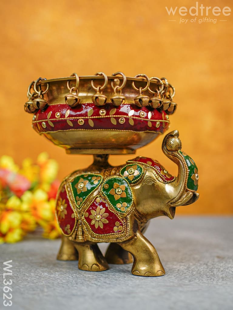 Brass Elephant Urli with Meenakari Finish