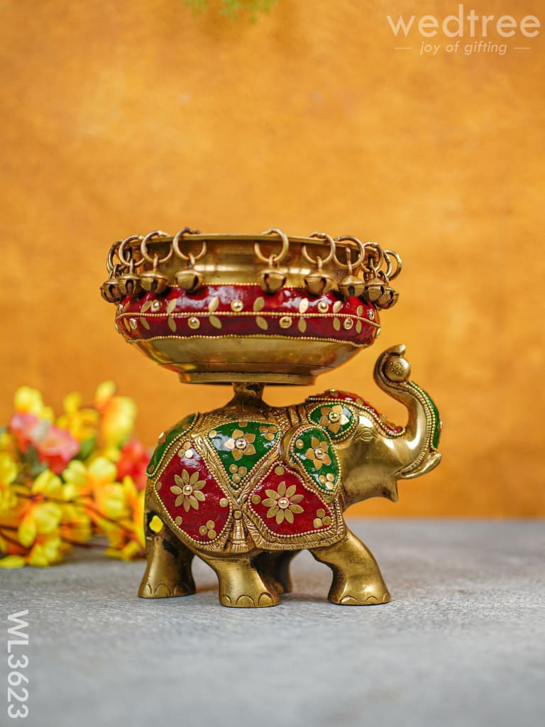 Brass Elephant Urli with Meenakari Finish