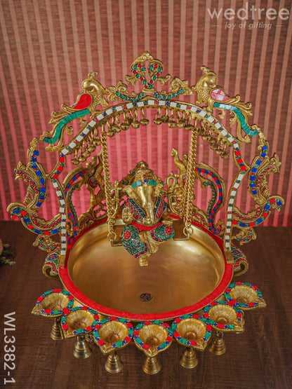 Brass Ganesha Jhoola Urli With 7 Diya and Bells