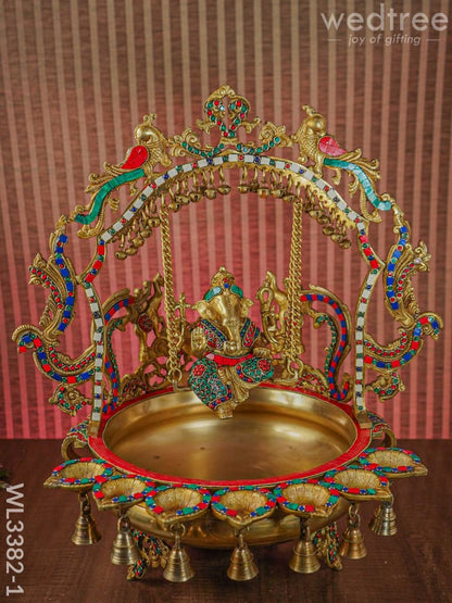 Brass Ganesha Jhoola Urli With 7 Diya and Bells