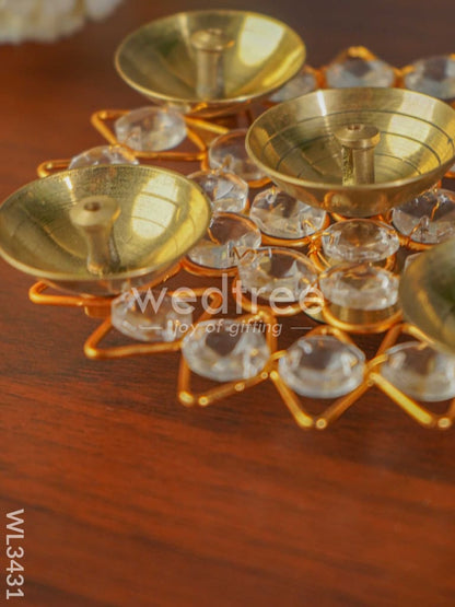 Brass - Round Crystal 5 Diya - Small