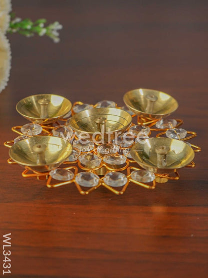 Brass - Round Crystal 5 Diya - Small