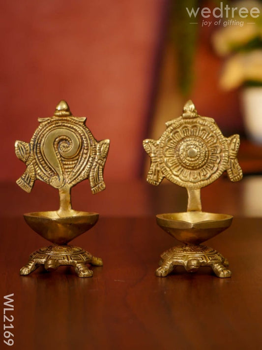 Brass Shanku Chankra Diya with Tortoise Base ( Set of 2)