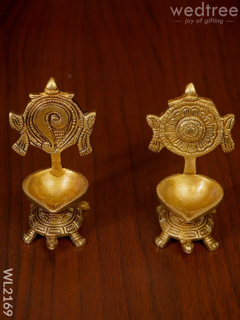 Brass Shanku Chankra Diya with Tortoise Base ( Set of 2)