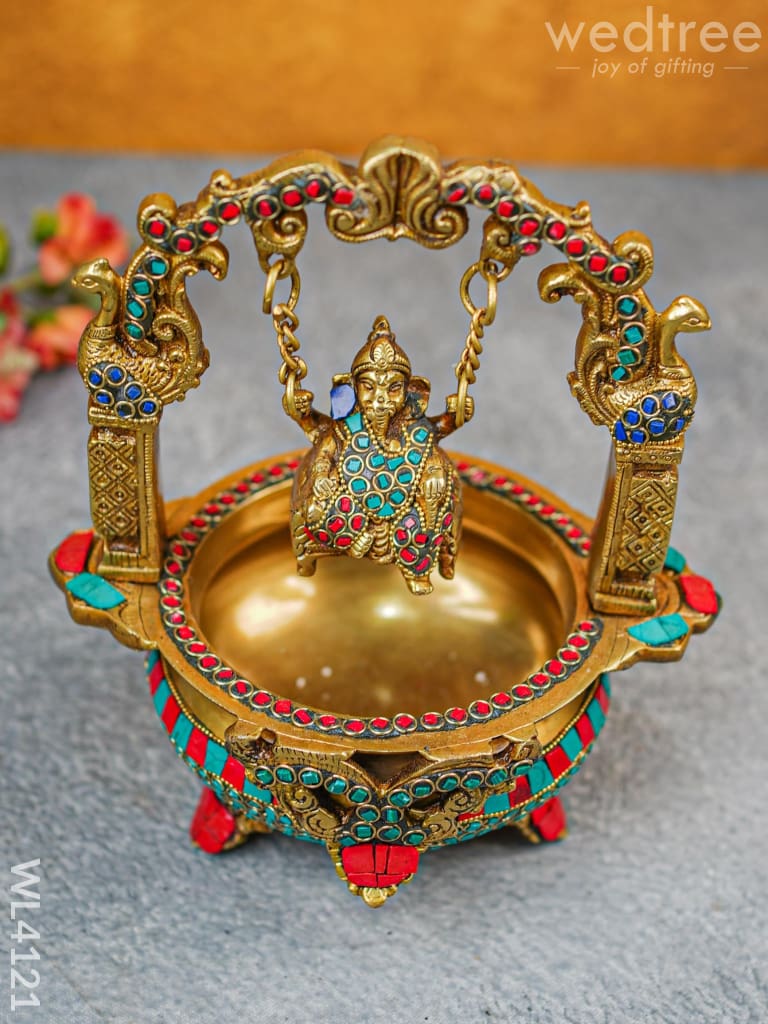 Brass Urli with Jhoola Ganesha - Stonework