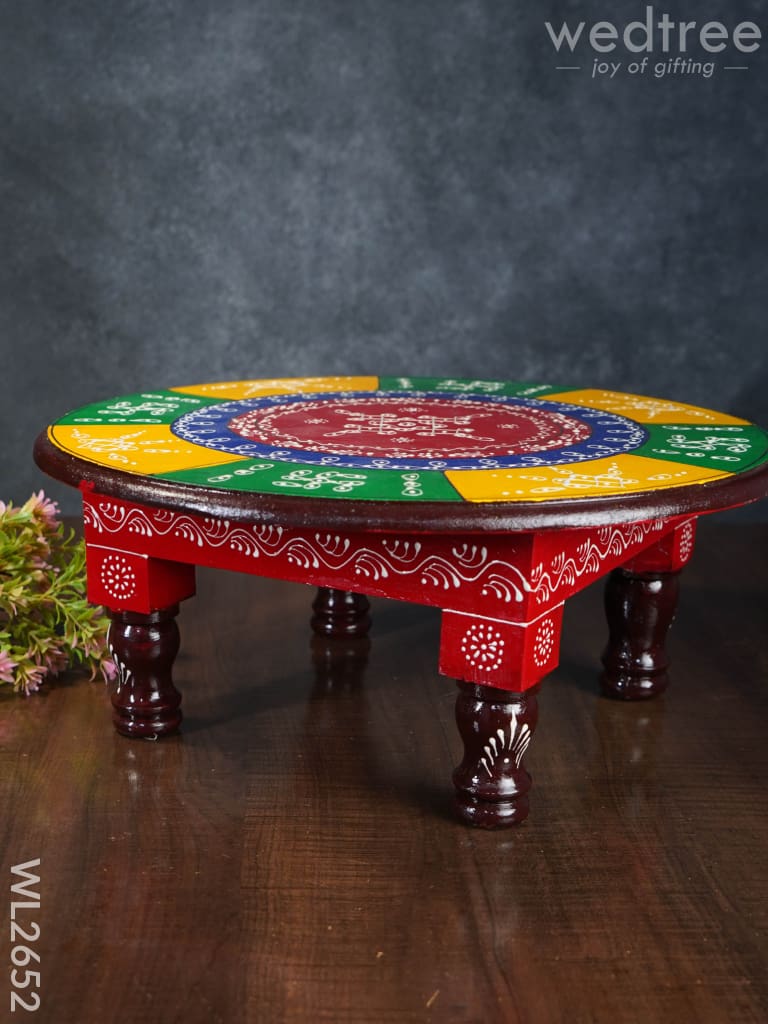 Colourful Rangoli Pooja Stool - 15 Inches - Round