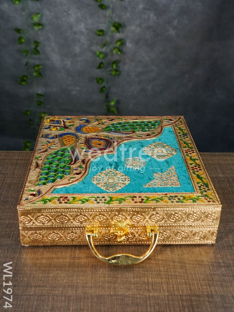 Dry Fruit Box - Meenakari Peacock Velvet Blue Briefcase 11x11