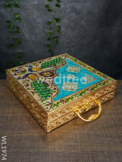 Dry Fruit Box - Meenakari Peacock Velvet Blue Briefcase 11x11