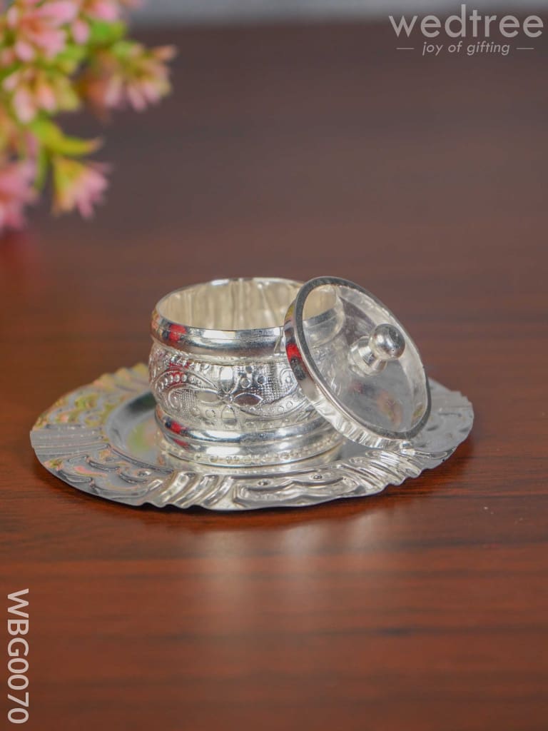 German Silver 1 Cup Kumkum Holder with Plate - 4 inch