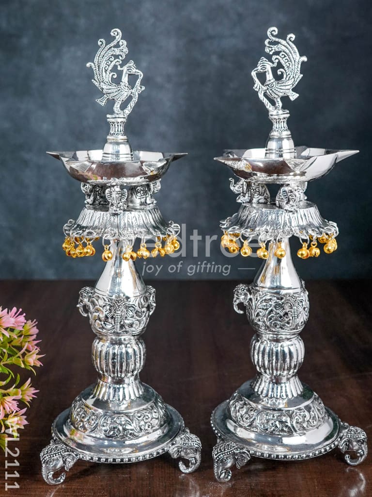 German Silver Annapakshi Kuthuvilakku with Elephant Leg (Antique Finish)