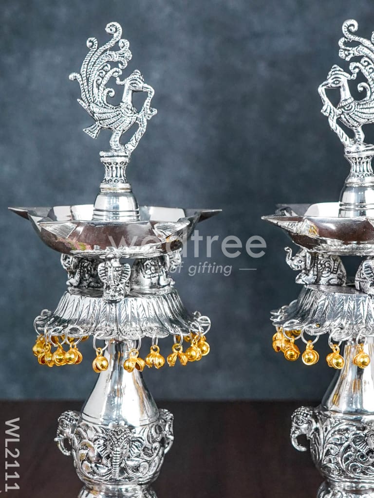 German Silver Annapakshi Kuthuvilakku with Elephant Leg (Antique Finish)